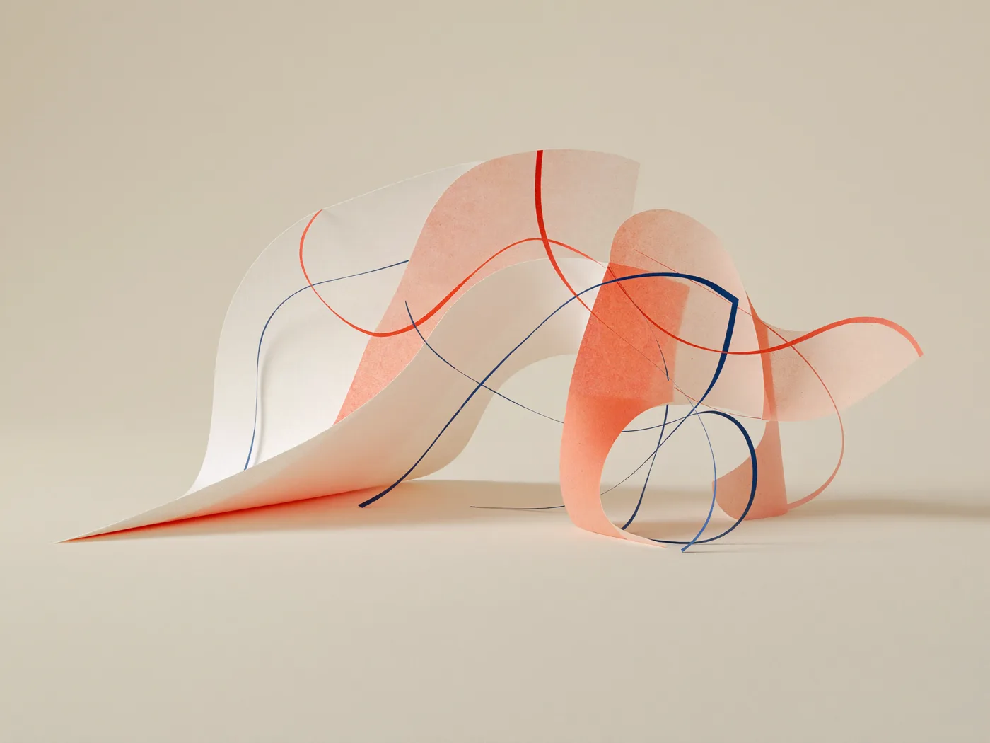 Translucent paper-cut forms with red-orange and navy line work, representing the journey from sketch to structure